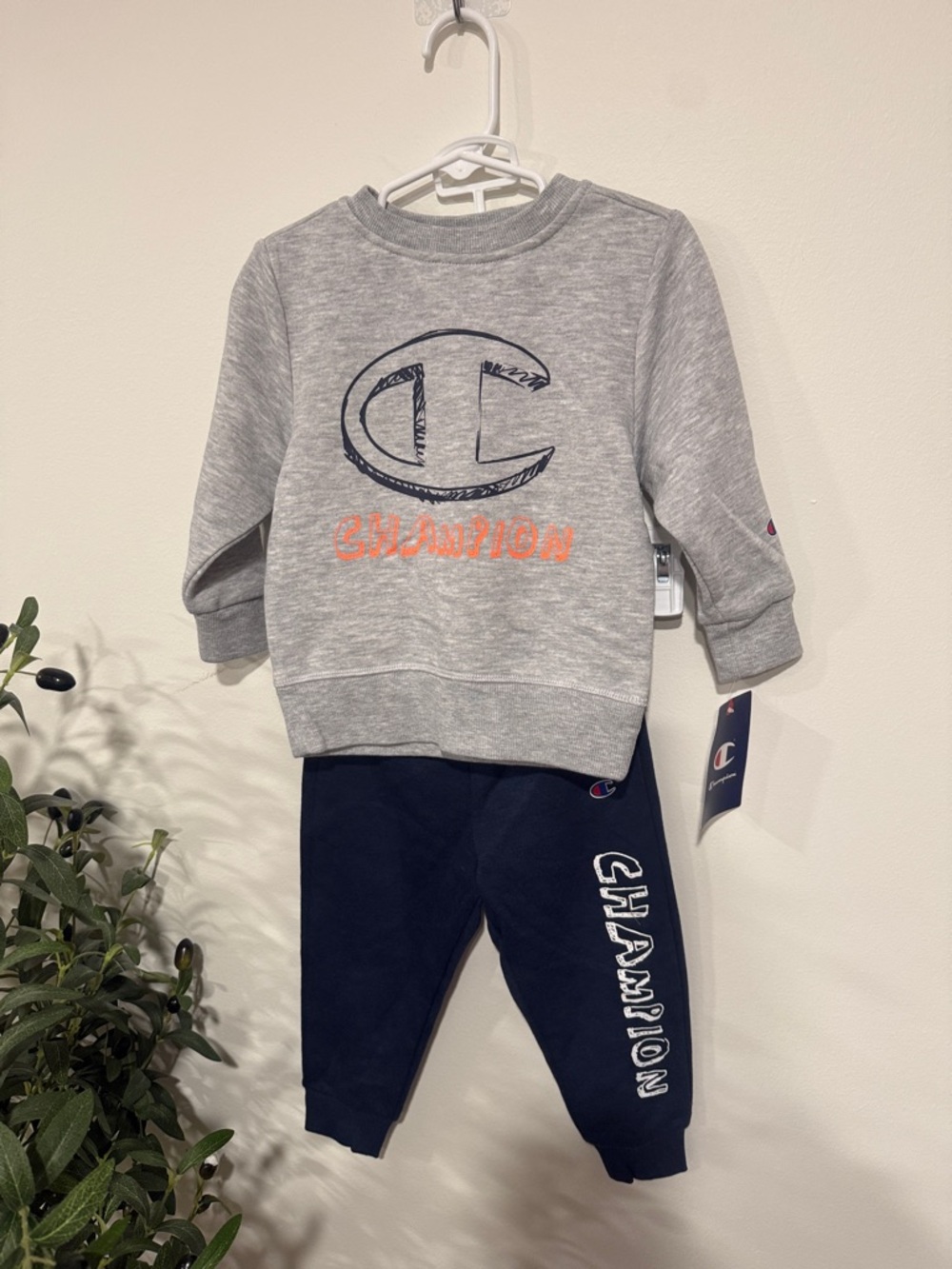 Champion Gray Sweatshirt & Navy Joggers Set with Orange Accent
